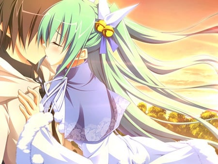 Osananajimi wa Daitoury - anime, green hair, long hair, boy, short hair, kiss, ribbons, game cg, twintails, girl, blush, brown hair, sunset, nimura yuushi, eru, cute, sexy