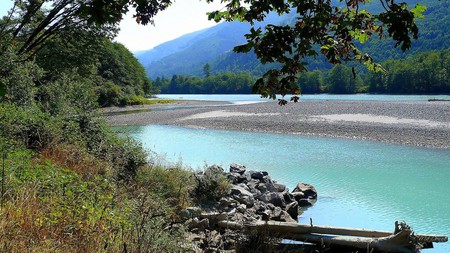 Skagit River 3 - trees, mountain, blue, water, summer, river bank, sandbar, washington