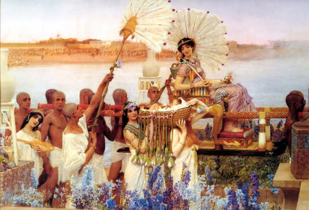 Baby Moses rescued - women, carried, slaves, men, people, fan, baby, chair, flowers, river, painting, princess, feathers, sitting