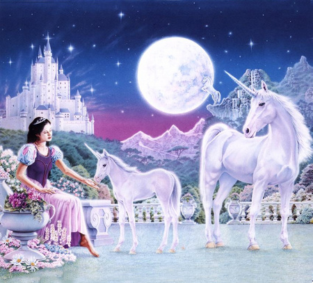 ORIGINAL UNICORN - princess, moon, two, stars, girl, landscape, unicorns, white, painting, castle