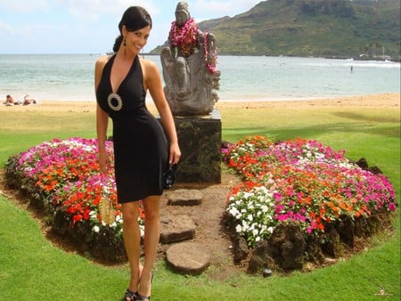 Flowers & Statue - black dress, denise, grass, outdoors