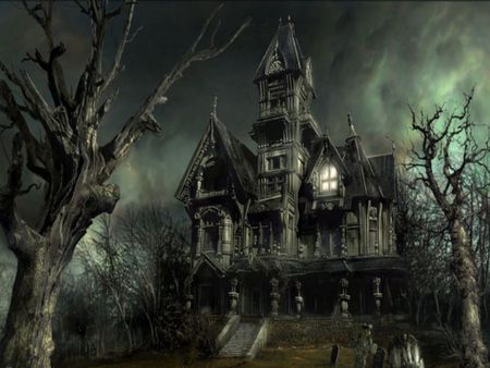 Beggars Night - trees, creepy, haunted, night, halloween, fog, mansion, house, old