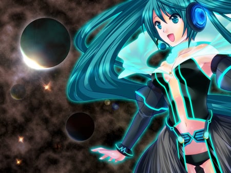 Hatsune Miku - hatsune miku, planets, sexy, girl, twintails, blue eyes, long hair, space, blue hair, vocaloid, anime, cute