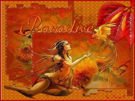 paradise - sunflower, burning, fairy, bird