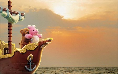 the love story of titanic - titanic, teddy, ship, 3d and cg, love, sunset, abstract