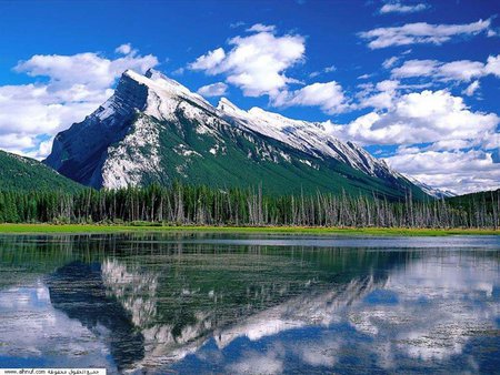 mountain with lake with reflections - reflections, trees, waterfall, mountains, sky