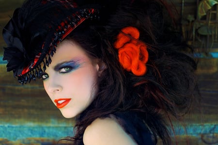 Rose Outlaw - girls, woman, hat, people, lips, eyes, black, model, face, pretty, red, blue, lace