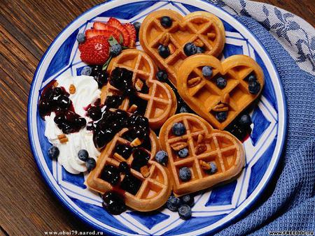 sweet hearts - cream, waffles, blueberries, photography, food, blue, strawberries