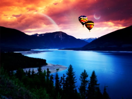 A-Dream-Vacation - photos, abstract, dreams, nature, digital, balloons, mountains, lakes, art