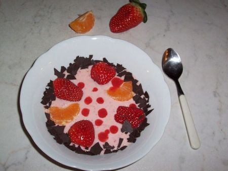 Yoghourt with Strawberry mush and Oranges - strawberry, oranges, photography, food, yoghourt, comestible