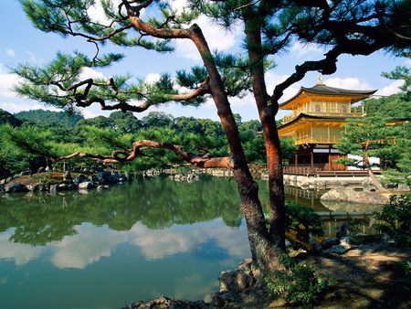 Japan - Kyoto - Kinkaku-ji Temple - beauty, trees, water, kinkaku-ji temple, golden pavilion temple, m, japan, reflection, architecture, tree, temple, rokuon-ji, religious, lake, nature, kita-ku, kyoto