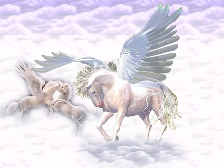 Pegasus and Unicorn in the Sky - unicornio, abstract, pegasus, horse, fantasy horse, fantasy, graphics, stallion, unicorn, greek mythology, sky