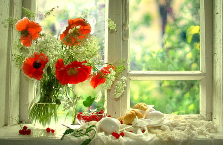 Come To My Window - vase, poppies, red berries, window, queen annes lace, glass bowl, still life, mulllions, flowers, croissants, egg, red poppies