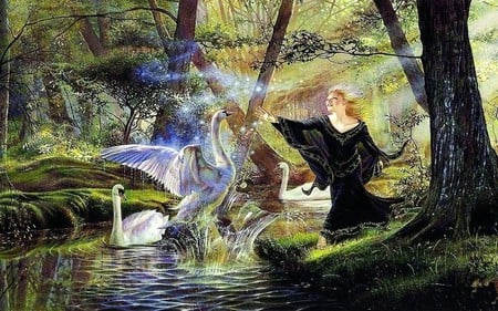 SWAN MAGIC - swans, female, forest, river, magic, tree