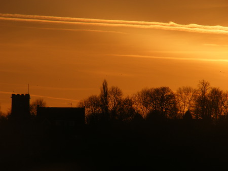 Isham at sunset - village, sunset, trees, church