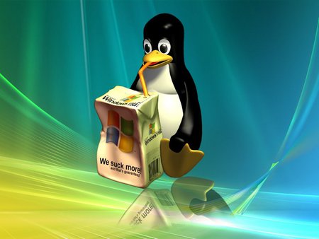 linux - tux tomando suco, caixinha windows