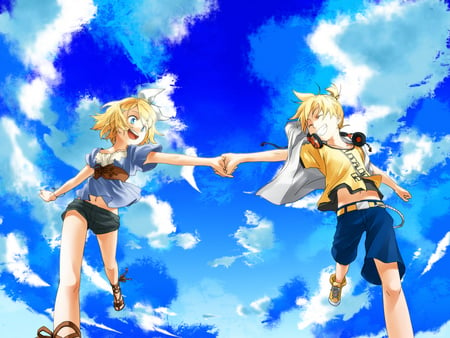 Len & Rin - anime, vocaloid, girl, kagamine len, blonde hair, short hair, boy, kagamine rin, headphones, cute, brothers, sexy, sky, blue eyes