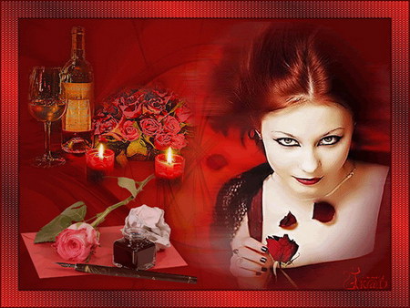 crimson romance - candle, roses, vine, red