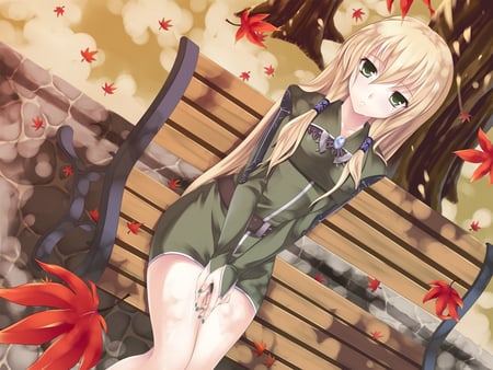 Anime girl - sexy, autumn, girl, long hair, blonde haair, bench, green eyes, leaves, anime, cute