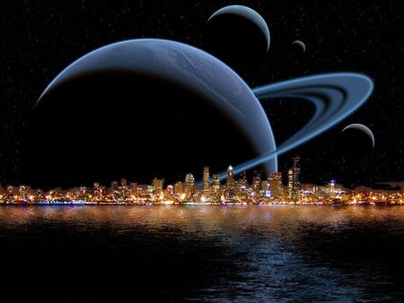 Planetary Night - lights, skyline, planets setting, night, buildings