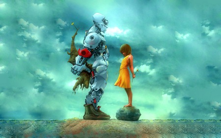 best friends - rock, girl, flower, tree, sky, robot