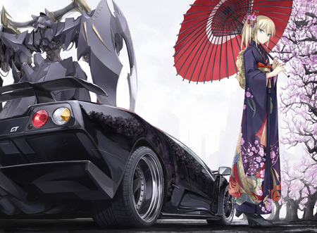 Anime - umbrela, anime, car, cherry blossoms, mecha, kimono