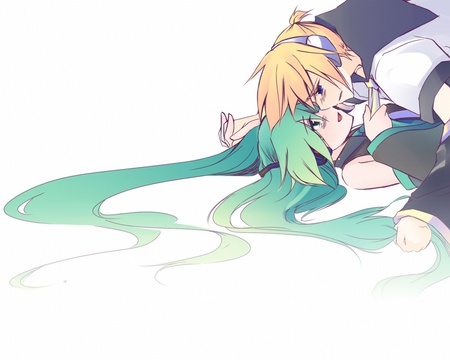 Hatsune Miku and Kagamine Len - len kagamine, hatsune miku, anime, vocaloids