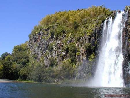 mountains  by lake with waterfall - waterfall, lake, mountains, tree, sky