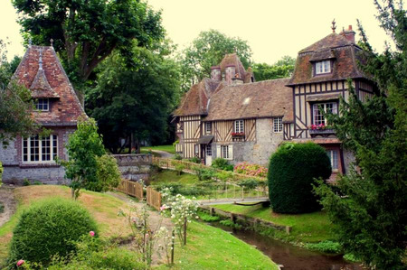 Maison Normandy - house, trees, thatched roof, mansion, fence, walking bridge, flowers, normandy france, maison