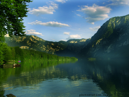 mountain with lake with reflections - reflections, nature, sky, clouds, mountains