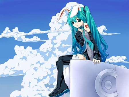 Hatsune Miku - hatsune miku, sky, sexy, animal ears, girl, twintails, blue eyes, long hair, blue hair, vocaloid, anime, cute, bunnygirl