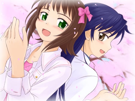 Idolmaster - brown eyes, anime, kisaragi chihaya, blush, green eyes, brown hair, long hair, amami haruka, girls, short hair, idolmaster, sakura blossoms, blue hair, cute, sexy