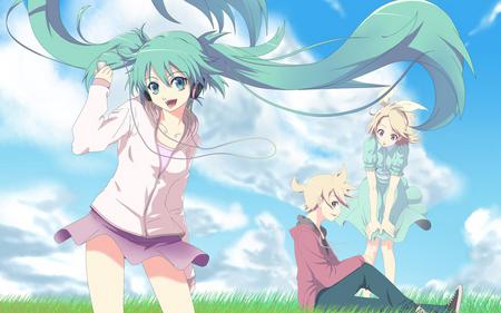 Hatsune Miku, Kagamine Rin, and Kagamine Len - kagamine rin, anime, kagamine len, hatsune miku, vocaloids