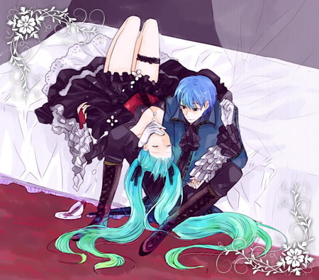 Miku and Kaito - vocaloids, hatsune miku, bed, anime, kaito, dress