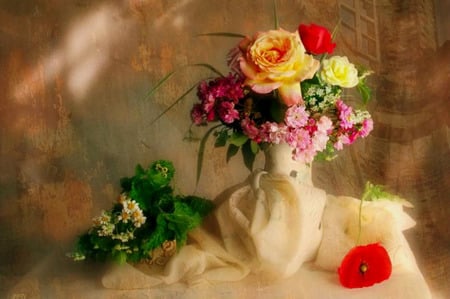 Dreamy - daisies, flowers, vase, roses, fabric, poppy, table, still life