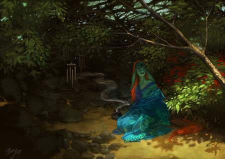 WAITING GODDESS - sunlit, under the tree, burning scents, forest path, green goddess