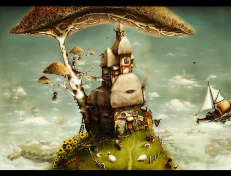 SECRET WORLD - mushroom tree, high up, sheep grazing, pretty house, floating ships, green grass