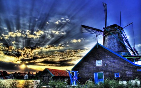 The village - sky, village, quiet, town, clouds, river, windmill, hdr, sunrise