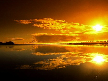 Double sunset - double, sunset, water, golden, reflection, sky