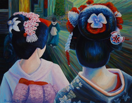 Geisha  - hair adorments, geisha, onlooking, kimono, flowers