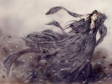 Lady of the Wind - wind, lady, dress bellowing, leaves