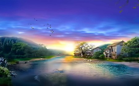 Paradise Dreams - beauty, sky, houses, forest, river