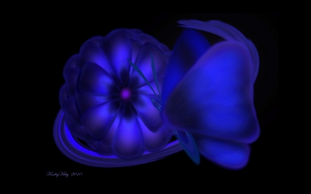 Blue Dreams - abstract, paint, blue, airbrush, flower, pink, dark, cg, digital painting, black, painting, digital, butterfly, color, blue dreams