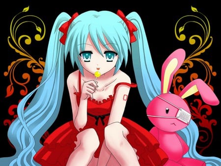 Hatsune Miku - anime, dress, patch, eye, hatsune miku, vocaloids, pink, bunny