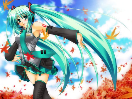 Hatsune Miku - cute, beautiful, vocaloids, hot, leaves, fall, pretty, beauty, vocaloid, thighhighs, anime, twintail, blue, sky, blushing, clouds, skirt, tie, sexy, hatsune miku