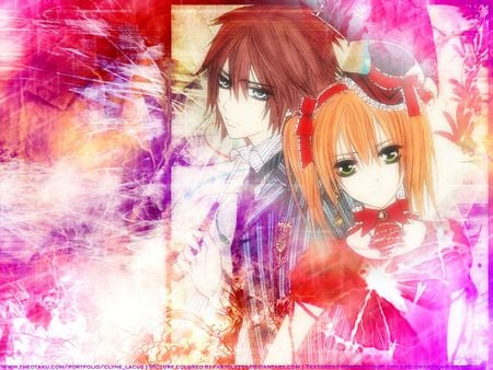 vampire kinght - redhead, girl, blue eye, clolors, knight, vampire, violet, yuki, boy, pink, anime