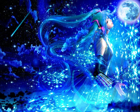 miku hatsune - moon, beauty, ocean, sky, stars, blue haire, night, longhair, hatsune, anime, miku, sea, cute