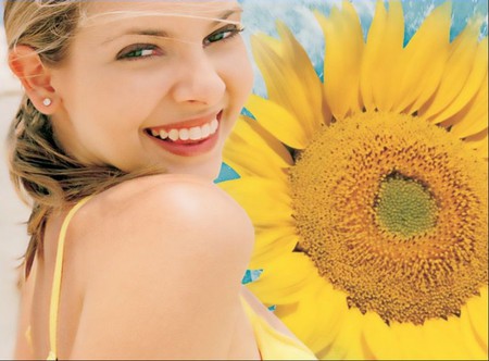 summer beauty - beauty, woman, sunflower, sun, summer, youth, face, yellow, beautiful, golden, sunny, smile, flower