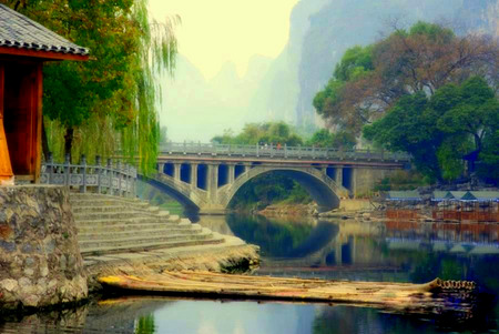 Over The River - house, trees, fog, foggy, china, river, mist, mountains, bridge