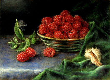 Refreshing Fruit - seashell, black butterfly, pewter bowl, painting, tabletop, green fabric, raspberries